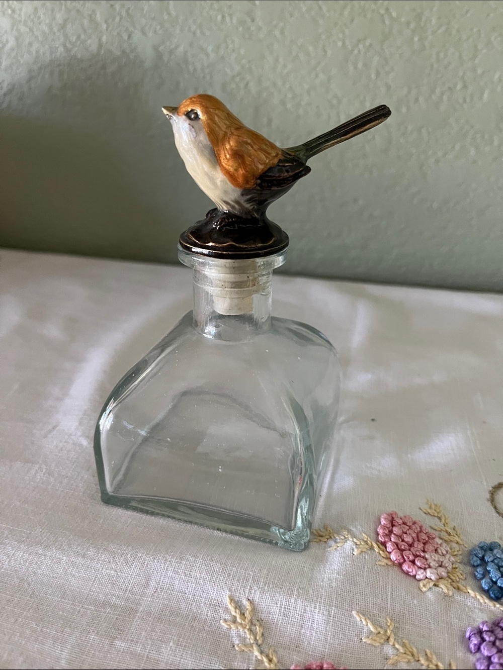 Vintage Glass Bottle Enamel Songbird Cork Stopper Vanity Decor 6.25”